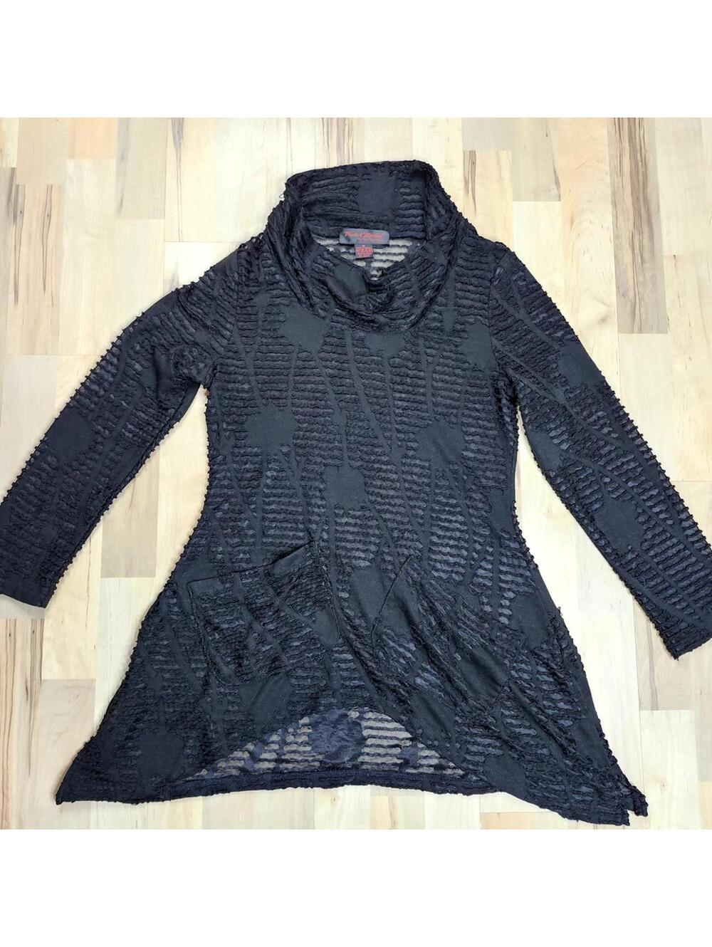 Pleats Collection Womens Black Sheer Boutique Tunic Blouse Pockets Split Hem Med